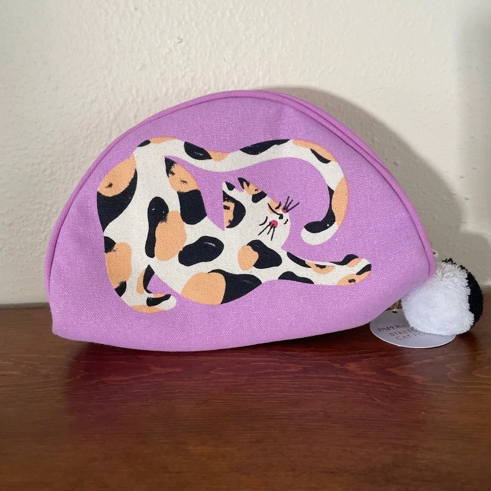 Paper Source Exclusive Stretching Calico‎ Cat Purse zipper Pouch 6X8 NWT NEW